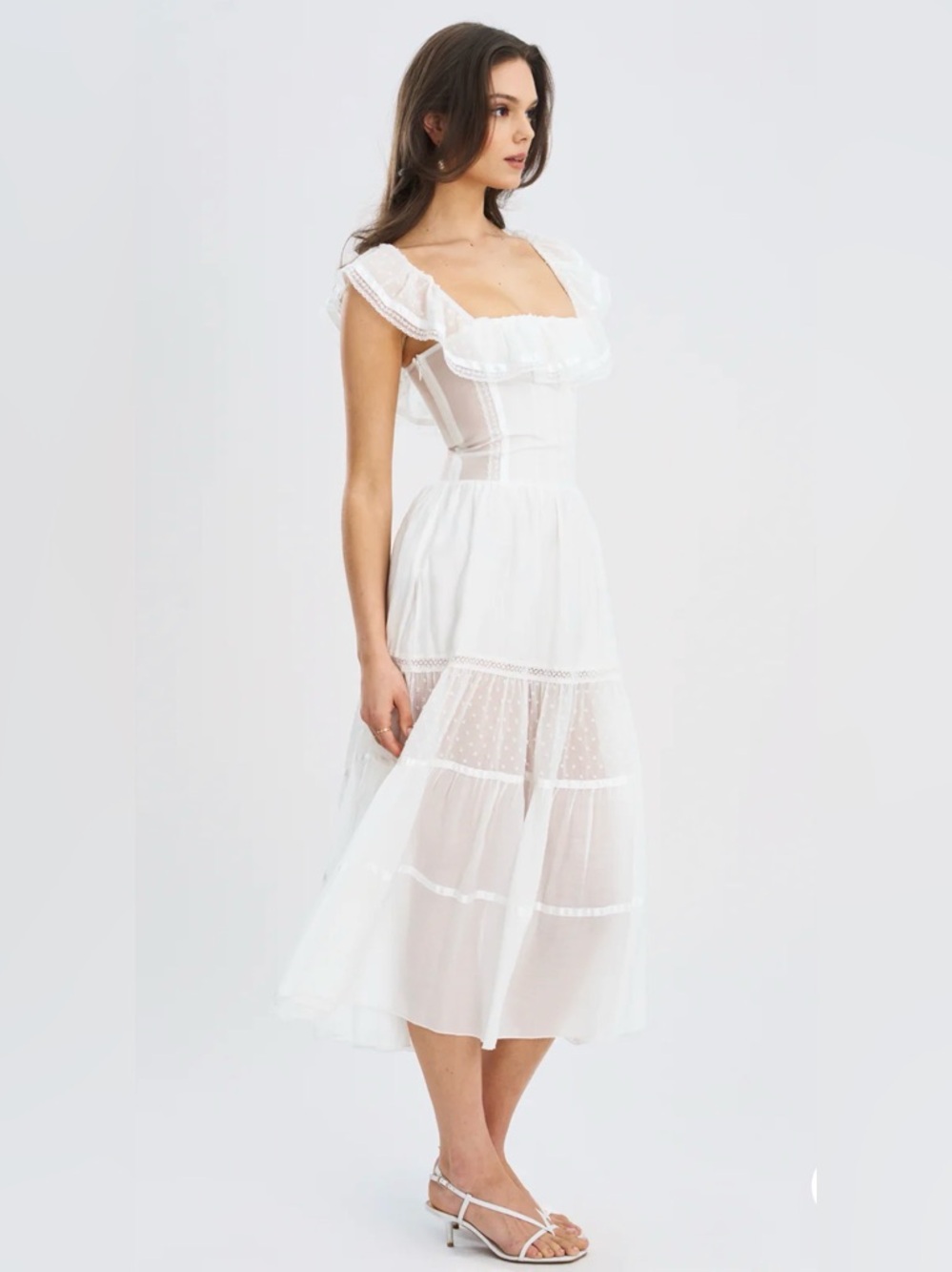 Eden Square Neck Ruffle Trim High Waist Midi Dress with Sheer Tiered Skirt - Picture 2 of 5